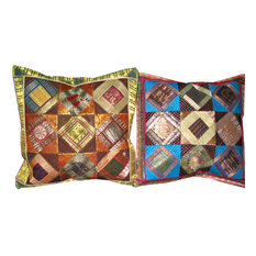 Mogul Interior - Silk Pillow Shams, Sari Patchwork Cushion Covers Toss Pillow, Set Of 2 - Pillowcases And Shams