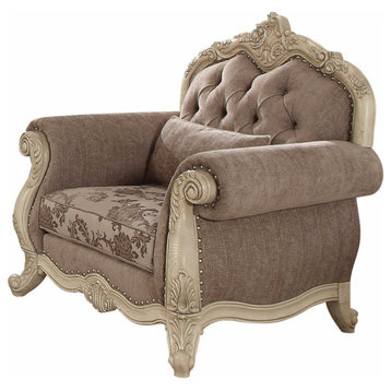 35" Brown and Champagne Linen Damask Tufted Arm Chair and Toss Pillow, Gray Fabric