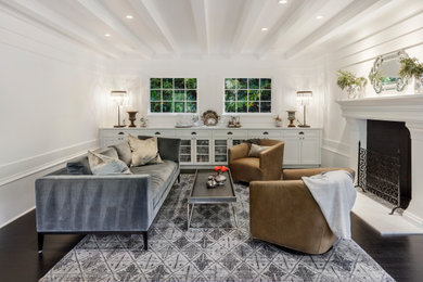 Living room - transitional dark wood floor and black floor living room idea in San Francisco with white walls, a standard fireplace and no tv