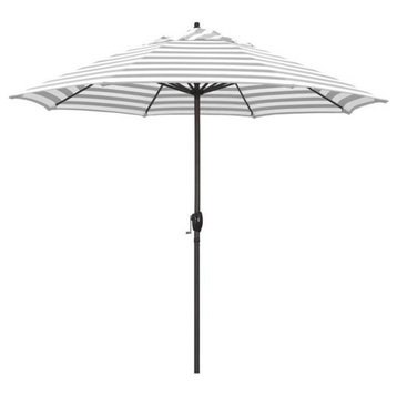 9' Aluminum Market Umbrella Auto Tilt Bronze, Olefin, Gray White Cabana Stripe