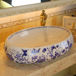 European Style Blue White Hand Painted Ceramic Sink - Bathroom Sinks