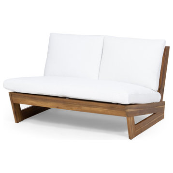 Kaitlyn Outdoor Acacia Wood Loveseat with Cushions, Teak Finish/White
