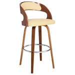 Armen Living - Shelly 30" Bar Height Swivel Barstool, Walnut Wood Finish and Cream Faux Leather - Add mid-century modern design to your home with this Shelly swivel barstool. It is elegantly designed with a sturdy 360 degree footrest in carefully crafted in top-quality Walnut wood finish, but also expertly upholstered with Cream Faux Leather and padded Walnut Back for comfort. This piece provides both style and function with eye-catching contoured wood back that can easily be integrated into your homes existing decor. Available in 26" counter height and 30" bar height.