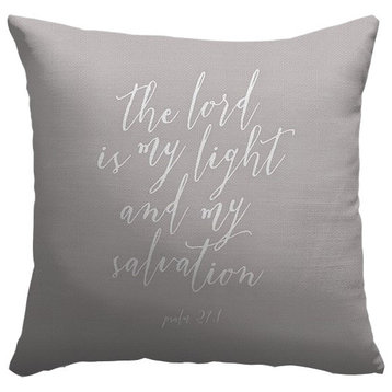 "Psalm 27:1 - Scripture Art in White and Grey" Outdoor Pillow 16"x16"