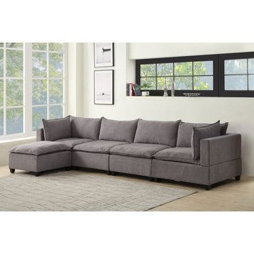 Madison Fabric Down Feather 5 Piece Modular Sectional Sofa Chaise, Light Gray