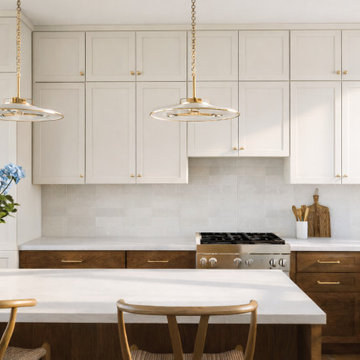 Refined Balance: Warm White & Oak Cabinets with Brass Hardware