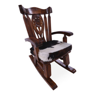 Wooden Rocking Chair Handcarved Back Removable Hair-On Cowhide Pillow ...