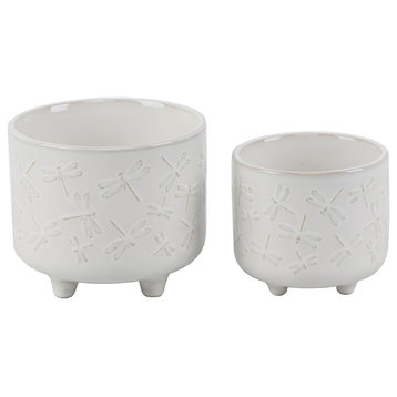 6In and 4.75, All Over Dragonfly Ceramic Footed Planter, Set of 2