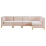 Meridian Furniture - Alina Velvet Modular L-Shaped Modular Sectional, Pink, 5-Piece: 3 Armless Chair, 2 Corner Chair - Bring modern beauty to your space with the addition of this Alina Velvet Modular sectional. This beautiful sectional features deep channel tufting to ramp up its visual interest and add to its resilient demeanor. Its soft Pink velvet upholstery blends nicely with existing elements in your room and is sleek to the touch, making this seat a super comfortable one. Part of the modular Alina collection, this sectional has a latch that attaches it to other pieces to create your custom seating arrangement.