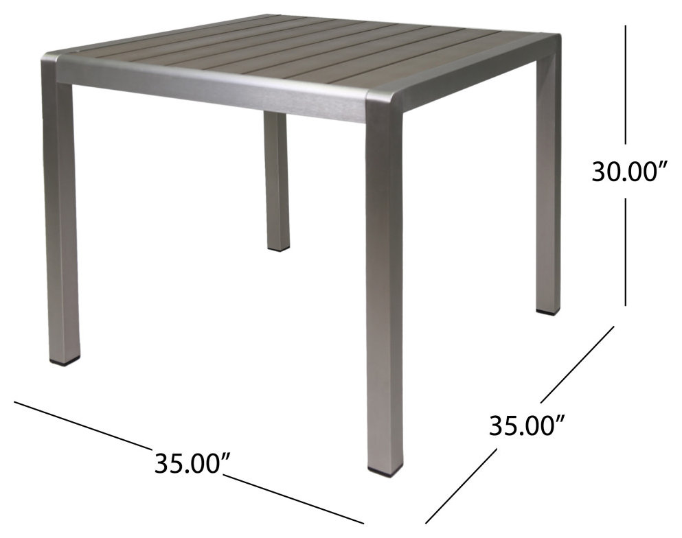 Hallie Outdoor Anodized Aluminum Dining Table With Tempered Glass Table Top, Faux Wood