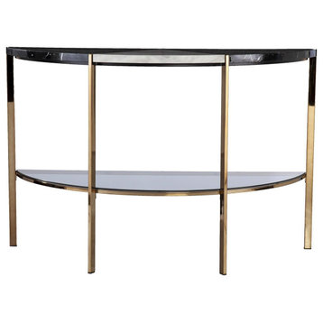 Contemporary Console Table, Half Moon Design With Open Glass Shelf, Two Tone