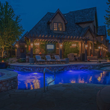 Blue Light Freeform Pool with Hot Tub and Beach Entry