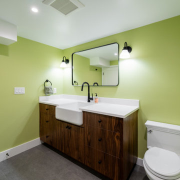 Walnut Bathroom Vanity with White Farmhouse Sink and Matte Black Hardware