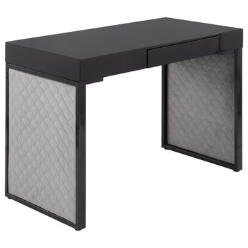 Drift Upholstered Desk, Black Steel, Black MDF, Silver Velvet