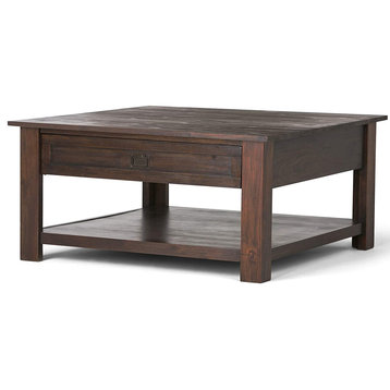 Rustic Coffee Table, Acacia Wood Frame and Square Top, Distressed Charcoal Brown