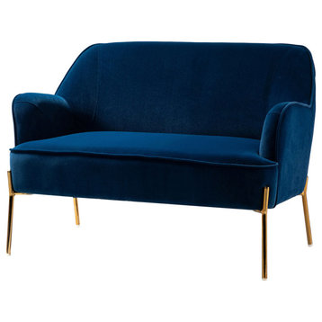 Velvet Loveseat Sofa With Recessed Arms, Navy