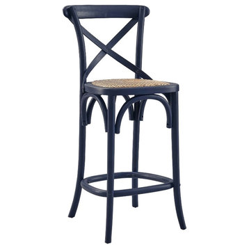 Modway Gear 39.5" Rattan and Elm Wood Counter Stool in Midnight Blue Finish