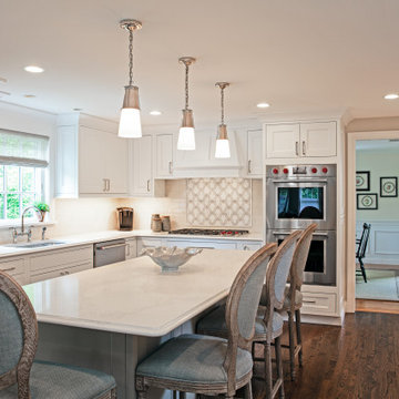 Custom White Kitchen with Island Seating and Quartz Counters – Beverly MA
