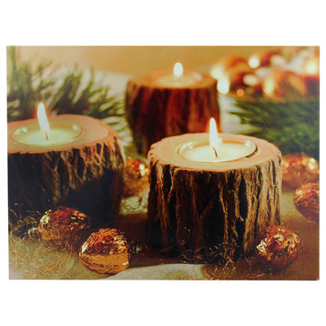 Battery Operated 3 LED Wooden Candle Scene Canvas Wall Art, 15"