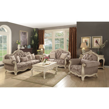 ACME Ragenardus Loveseat with 2 Pillows, Gray Fabric and Antique White