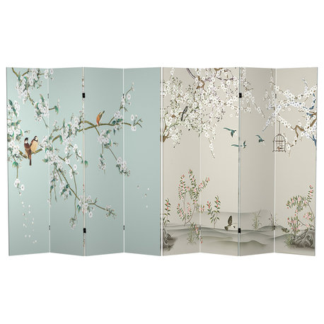 6' Tall Double Sided Birds and Plum Blossoms Canvas Room Divider