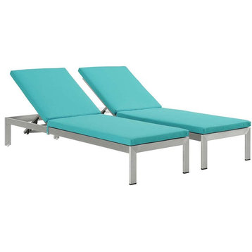 Modway Shore Fabric Patio Chaise Lounge Chairs in Silver/Turquoise (Set of 2)