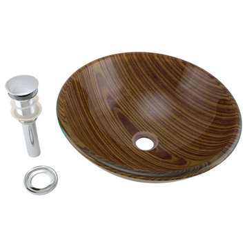 Wood Grain Tempered Glass Vessel Sink with Drain, Double Layer Brown Bowl Sink