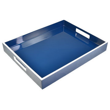 Lacquer Small Rectangle Tray, Navy Blue with White