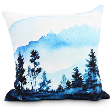 Mountain Forrest Blue Holiday Print Decorative Outdoor Throw Pillow, 20"