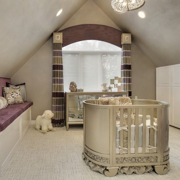 Ensuite Nursery in Guest Bedroom with Crib, Built-In Bench and Mirrored Chest