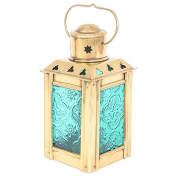 NOVICA Lantern In Green And Glass And Brass Tealight Holder
