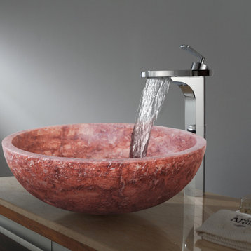 Red Travertine Stone Round Vessel Sink Honed/Matte, (D)16" (H)6"