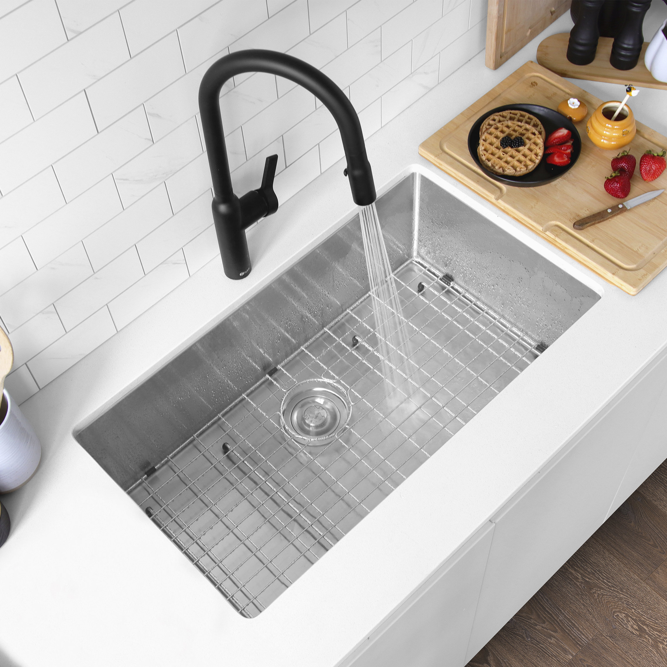 STYLISH 30" Single Bowl 16 Gauge Stainless Steel Kitchen Sink With Grid