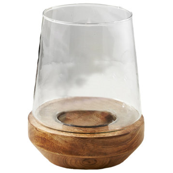 Serene Spaces Living Glass Hurricane with Wood Base, 7.75" Diameter & 9.75" Tall