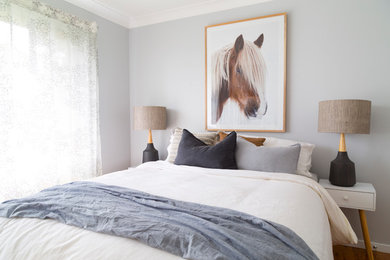 This is an example of a small contemporary master bedroom in Sydney with grey walls, medium hardwood floors and brown floor.