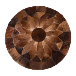Designer Cowhide Patchwork Area Rug, Round, Handmade, Hair-on-Hide, 5'10", Brown - Area Rugs