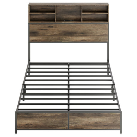 Queen Size Bed Frame with Storage Headboard (Brown)