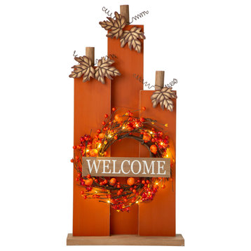 30"H Fall Lighted Wooden Pumpkin Decor WithWreath