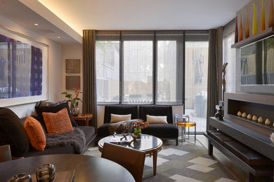 Living room - modern formal and open concept dark wood floor living room idea in New York with white walls and a wall-mounted tv
