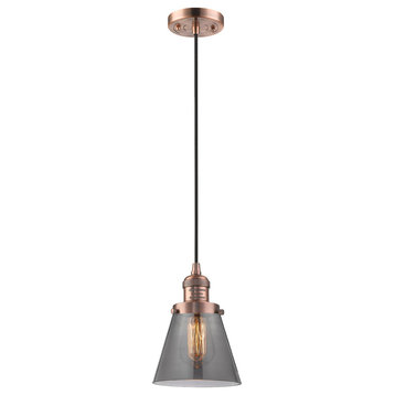 Small Cone 1-Light LED Pendant, Antique Copper, Glass: Smoked