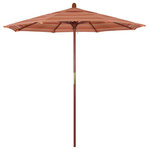 March Products - 7.5' Wood Umbrella, Dolce Mango - The classic look of a traditional wood market umbrella by California Umbrella is captured by the MARE design series.  The hallmark of the MARE series is the beautiful 100% marenti wood pole and rib system. The dark stained finish over a traditional marenti wood is perfect for outdoor dining rooms and poolside d-cor. The deluxe push lift system ensures a long lasting shade experience that commercial customers demand. This umbrella also features Sunbrella fabrics, which are built on a foundation of solution-dyed acrylic yarn, the most resilient and solid material for prolonged sun exposure, to offer even longer color retention rating than competing material sources.