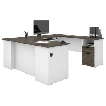 Bestar Norma U Shaped Computer Desk in Walnut Gray and White
