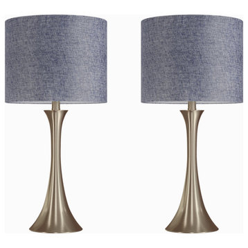 24" Gold Plated Table Lamps with Blue Sparkly Linen Shades, Set of 2