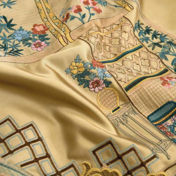 QYHL225K Silver Beach Embroidered Chinese Royal Courtyard Gold Faux Silk Custom