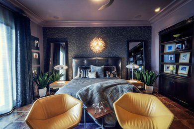 Bedroom - mid-sized modern master terra-cotta tile bedroom idea in Orange County with purple walls and no fireplace