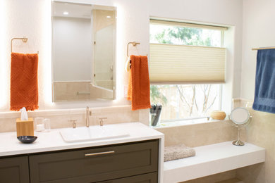 Example of a mid-sized transitional master beige tile and marble tile marble floor, beige floor and double-sink bathroom design in Austin with shaker cabinets, brown cabinets, a two-piece toilet, gray walls, a drop-in sink, quartz countertops, white countertops and a floating vanity