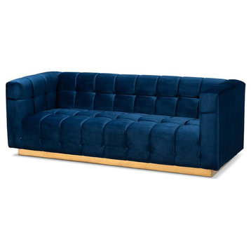 Baxton Studio Modern Loreto Velvet and Gold Finish Sofa in Navy Blue