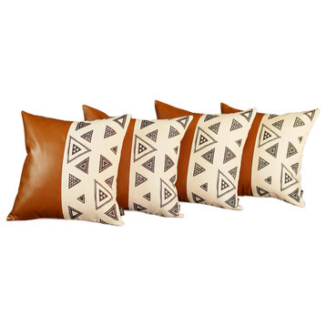 Set Of 4 Triangle And Brown Faux Leather Pillow Covers