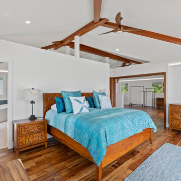 “Master Bedroom with Mahogany Beams and Hawaiian Hardwood – Custom Island Retrea