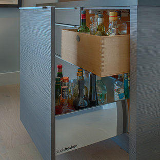 サンフランシスコの小さいコンテンポラリースタイルのおしゃれなウェットバー (フラットパネル扉のキャビネット、グレーのキャビネット) の写真